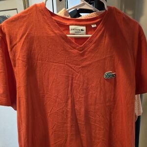 LACOSTE Orange V-Neck Tee with Crocodile Patch